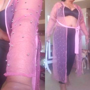 Pink sheer long babydoll with beads